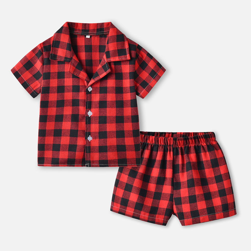 Nuevo producto traje de pijama 204 camisa de doble velo a cuadros de manga corta de verano pantalones cortos casuales ropa de hogar para niños niños