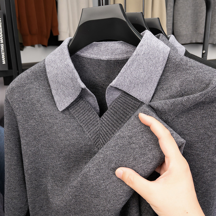 Falsa de dos camisas de cuello de camisa de punto de hombre otoño y invierno nuevos productos de mediana edad negocios ocio suéter suelto chaqueta coreana