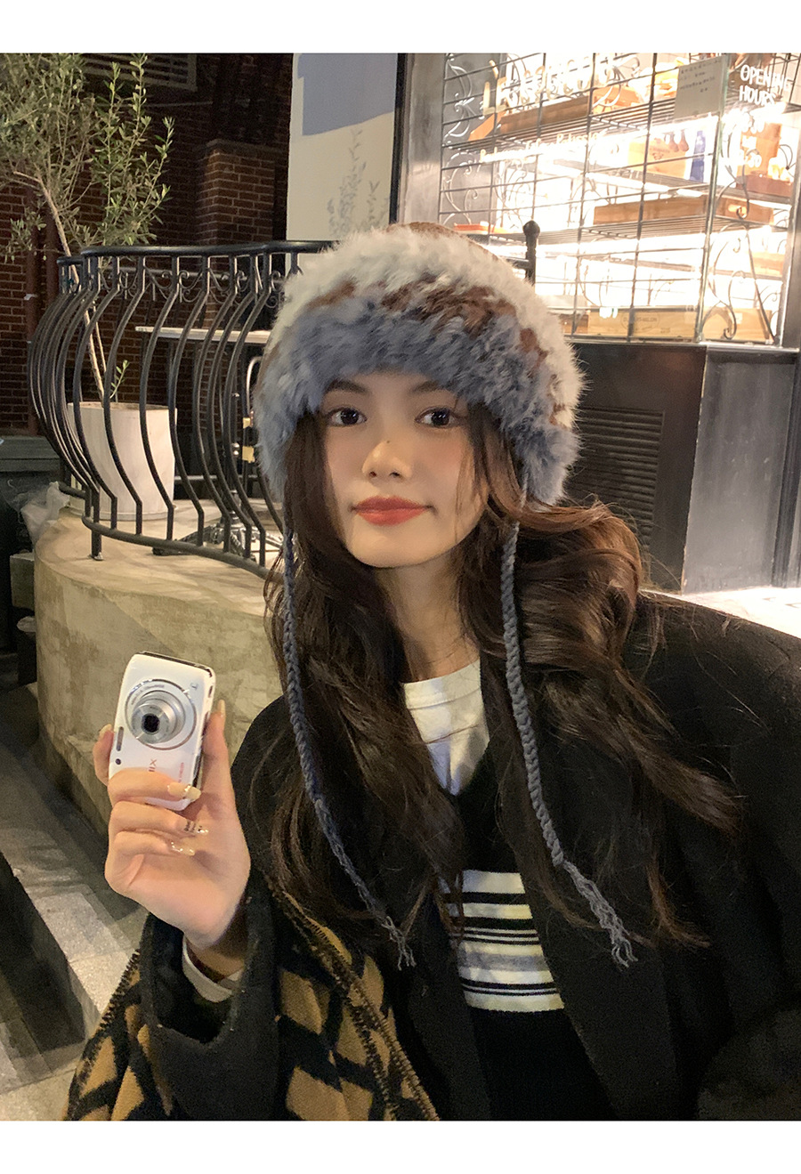 Congee Cocoa Rabbit Hair Knitted Women's Autumn and Winter Splice Warm Wool Cold proof Pullover Plush Ear Protection_voghion.com