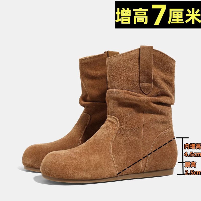 平底韩式圆头堆堆靴短靴女靴2025新款简约时尚磨砂牛皮套筒中筒靴|undefined