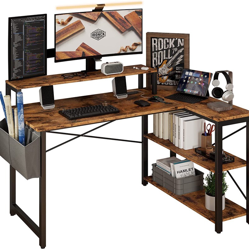 Household L-shaped desk with charging station and storage rack 47-inch corner computer desk with monitor stand