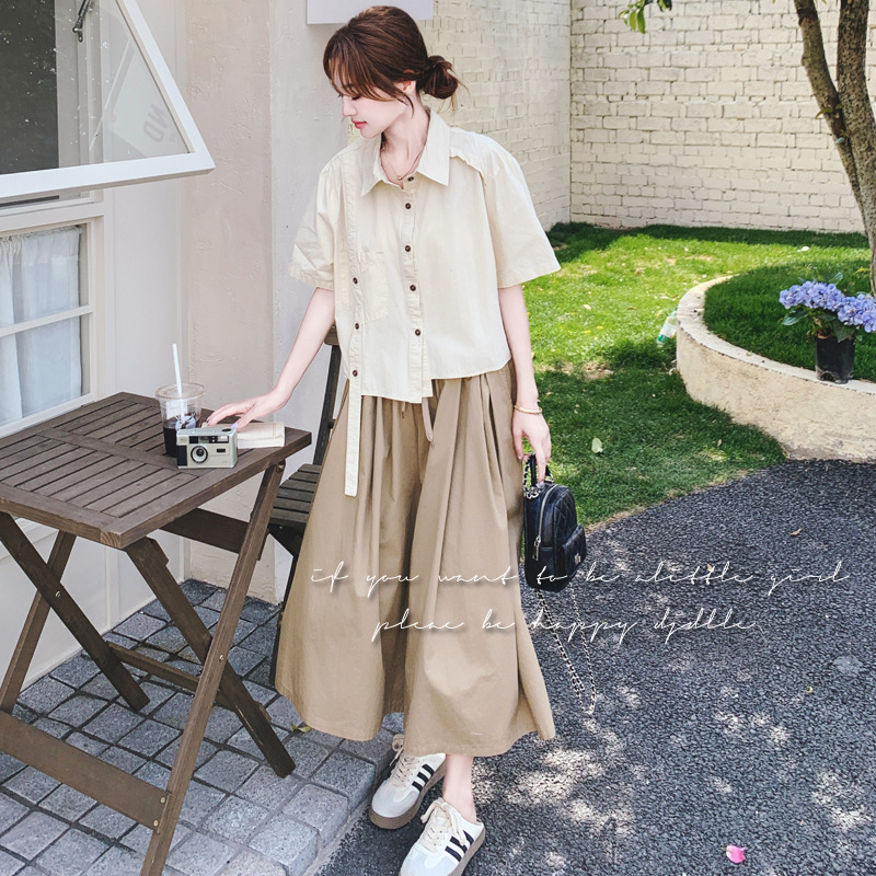 夏のootd雰囲気コーデ韓国風年齢軽減デザインシャツトップスワイドレッグパンツとスカートの2点セット|undefined