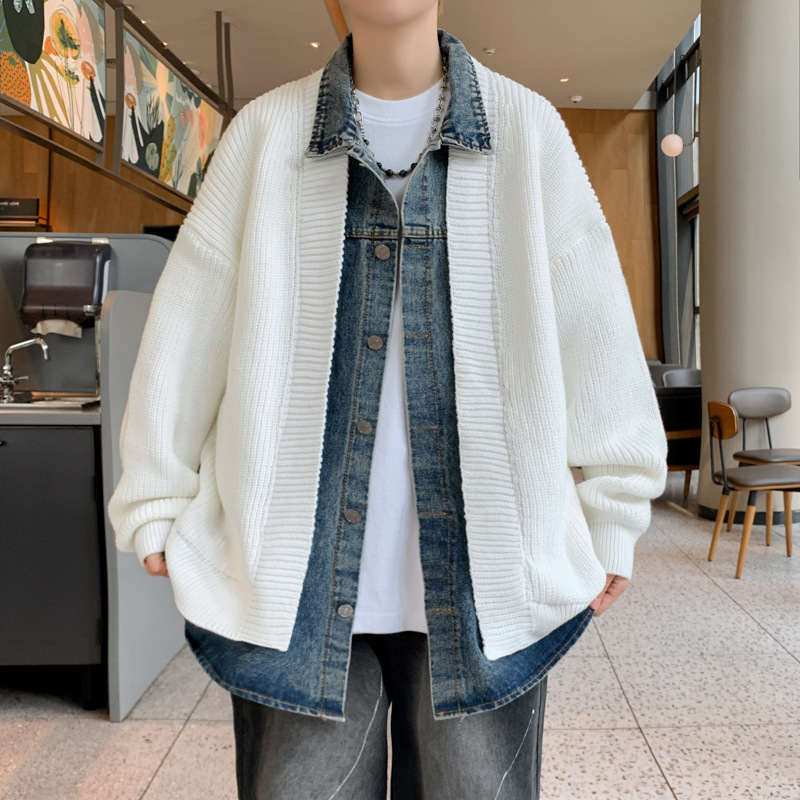 Autumn and Winter New Design Knitted Jacket for Men, Trendy Brand Denim Fake Two-Piece Patchwork Cardigan Sweater for Men