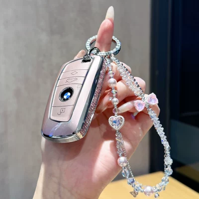 Car key bag X4, X5, blade-style women's key case - bmw-b-model-side-drilled-pink-with-pink-heart-shaped-butterfly-chain