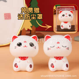 新款2寸太阳能摇头大头招财猫桌面汽车用品摆件蛋糕装饰工艺品
