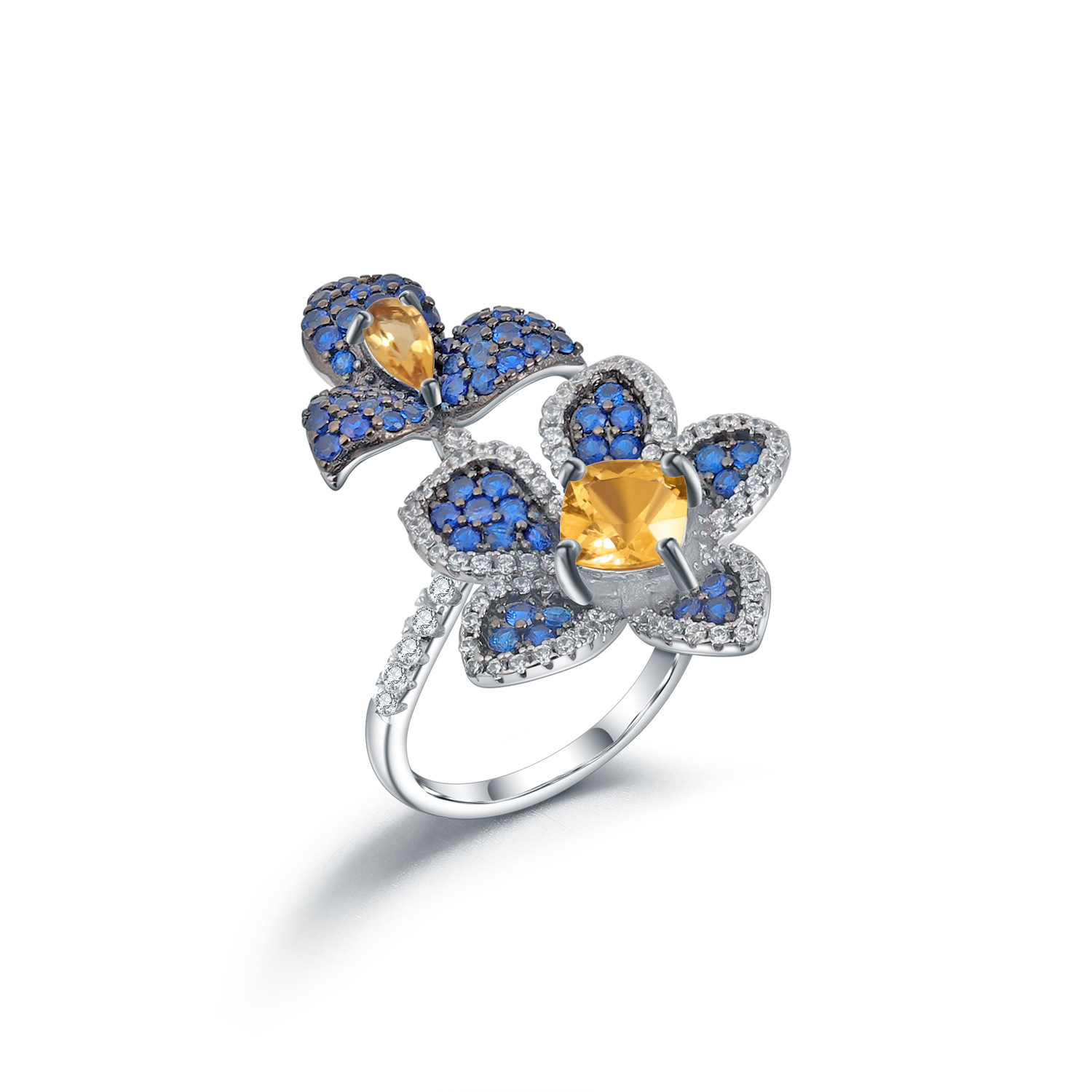 设计师款天然黄晶戒指 自然风系列花卉设计s925银镶嵌宝石戒指