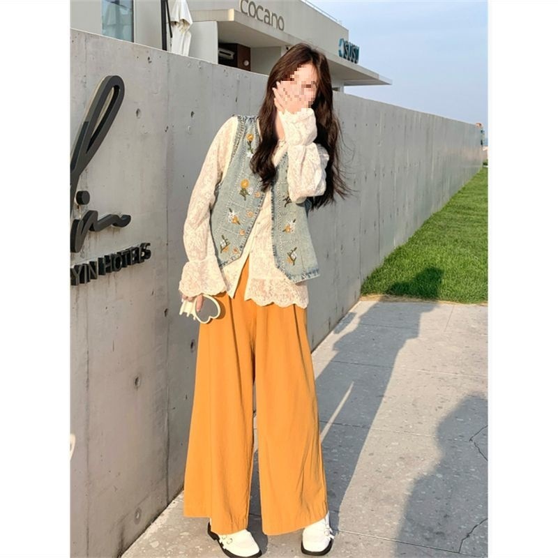 俏皮活泼两件套女2025秋新款法式绣花牛仔马甲蕾丝内搭套装印花|undefined