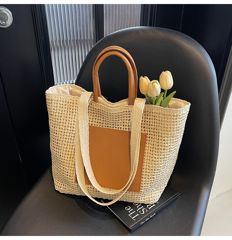 Large Woven Beach Tote Bag For Women Stylish Hollow Out Handbag_voghion.com