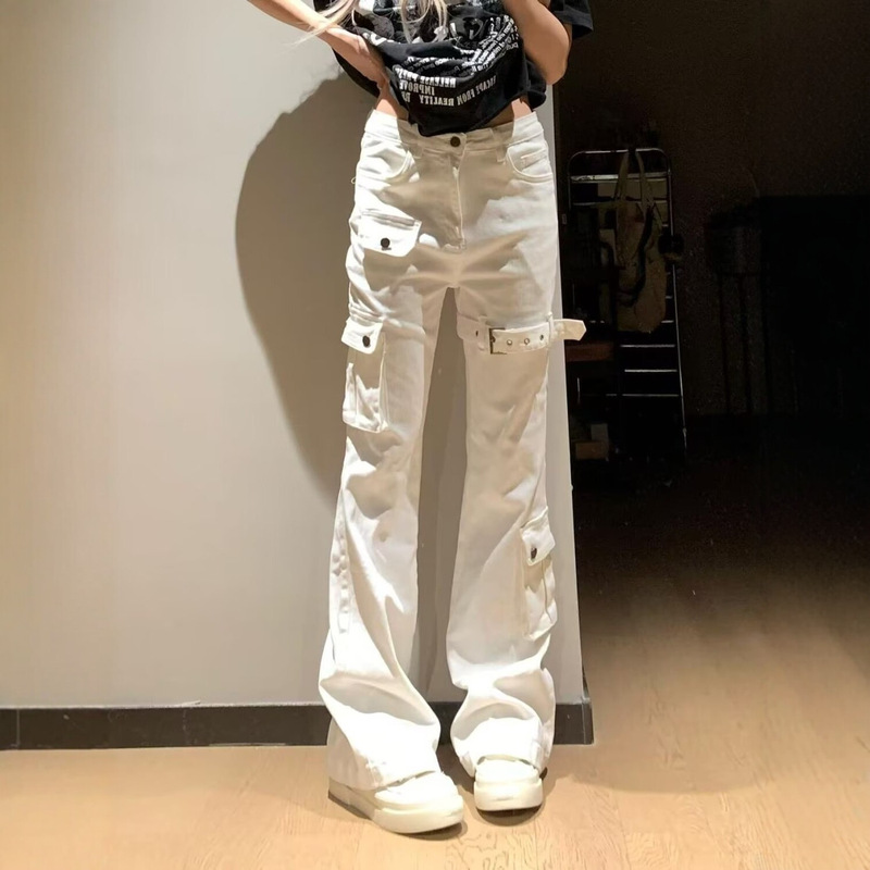Cleanfit White Lace-Up Jeans for Men and Women, American High Street Niche Design, Straight-Leg Slightly Flared Work Pants
