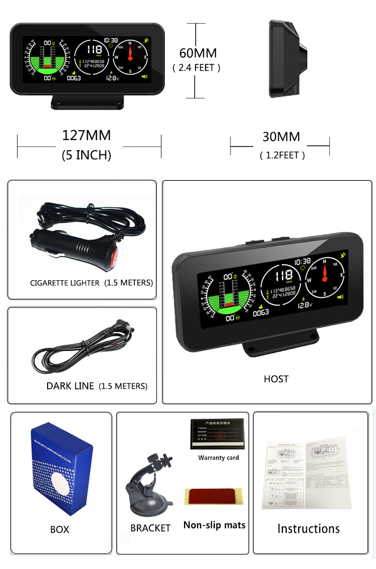Universal Car HUD Head-Up Display GPS Speed Compass Inclinometer (automobile instrument) - m60-english-version