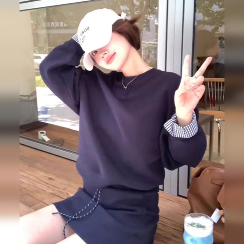 ootd韩系穿搭一整套初早秋季新款女装假两件卫衣半身裙子两件套装|undefined