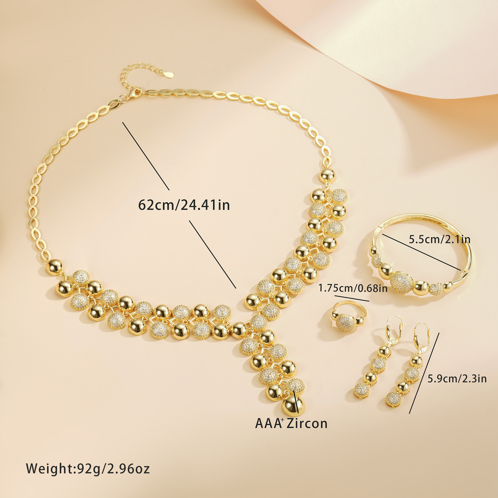 Diseño de moda de alta gama, cuentas de diamante, collares, pendientes, pulseras, anillos, 14K, cuatro piezas, conjunto de bronce