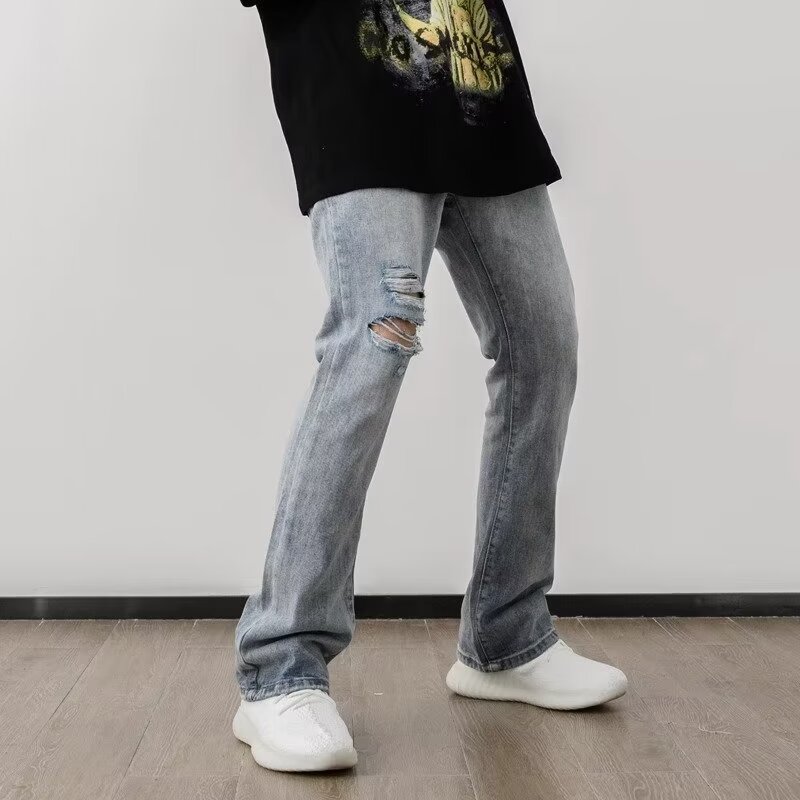 Men's High Street American Retro Washed Denim Jeans Loose Fit Slightly Flared Wide Leg Floor Length Slimming Blue Jeans_mkmklike.com