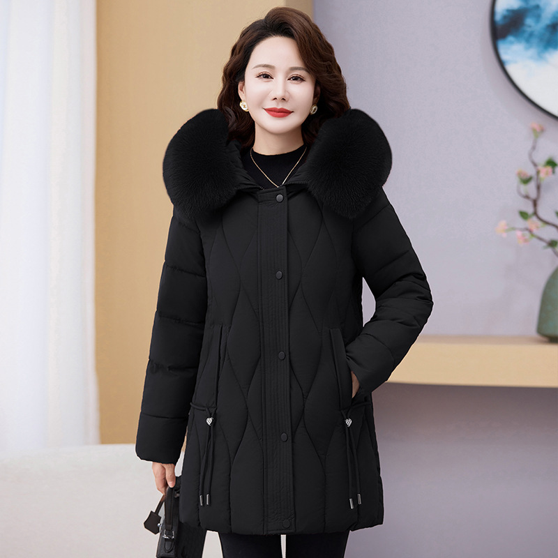 Ropa de mujer de mediana edad, abrigo de algodón de invierno, madres jóvenes vestidas con cuello de cabello grande, chaqueta de algodón gruesa media y larga image 8
