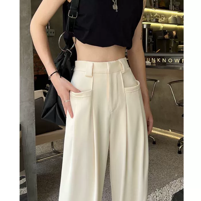 White thin trousers, suit, oversize, loose fit, high-quality style