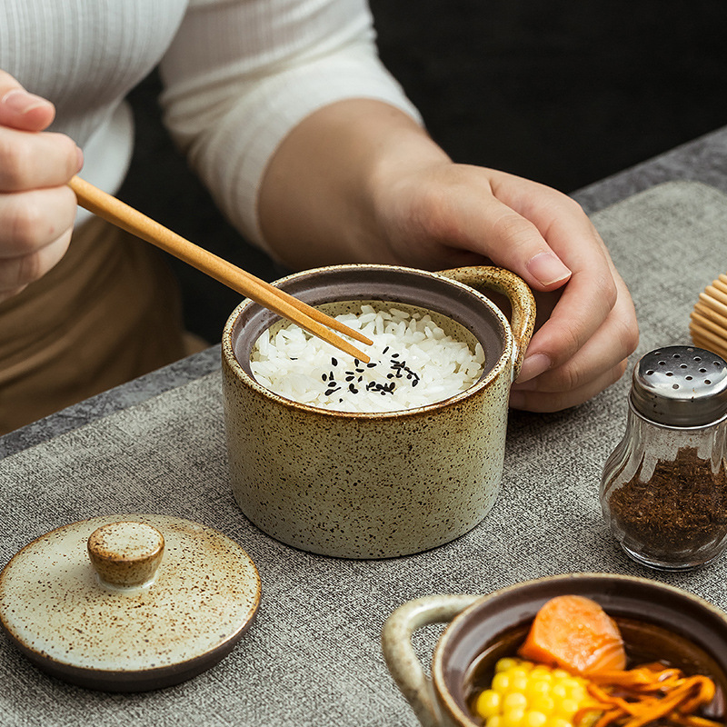 Retro Stoneware Chinese Bird's Nest Stew Pot Kitchen Soup Cup Seasoning Jar Creative Ceramic Pot Stew Pot Steamed Rice Bowl Tableware