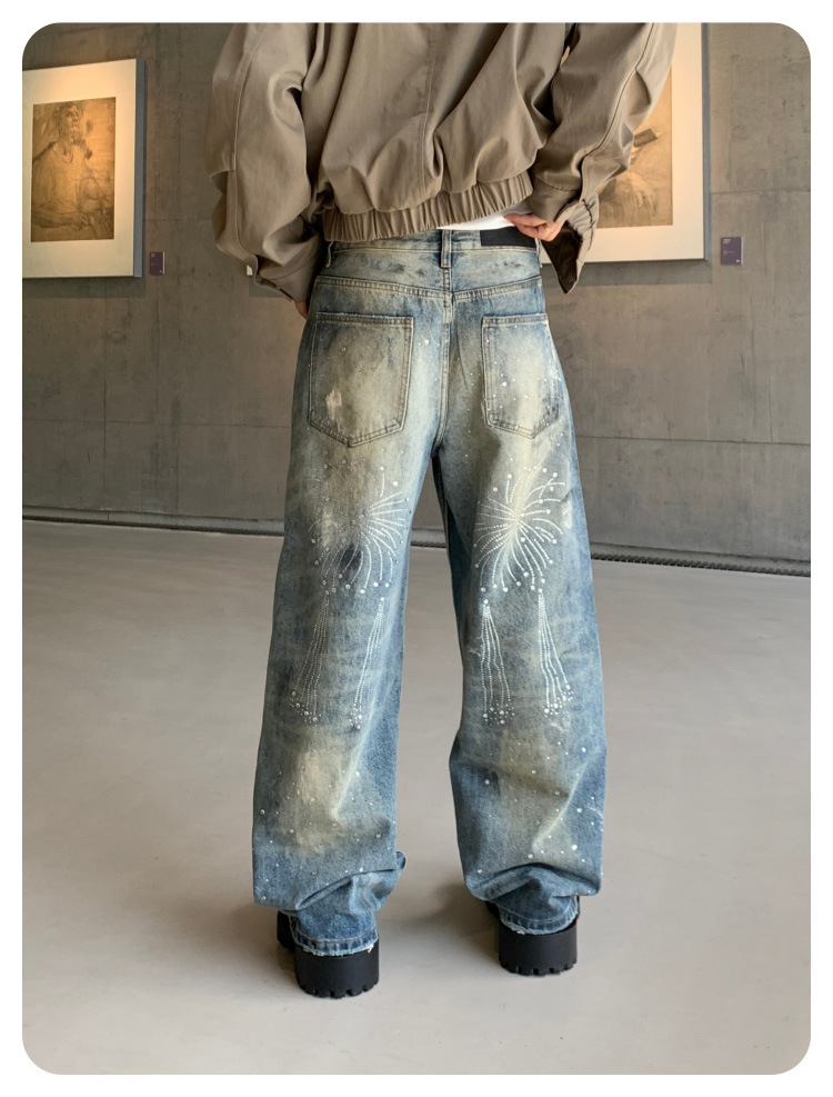Rhinestone Loose Fit Straight Leg Jeans For Men Trendy Style_voghion.com