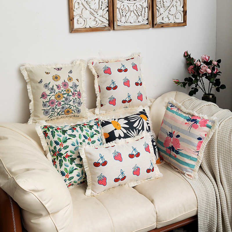 New Arrival Tassel Edge Decorative Plant Flower Cotton Linen Printed Pillowcase Home Decorative Sofa Cushion Cover_voghion.com