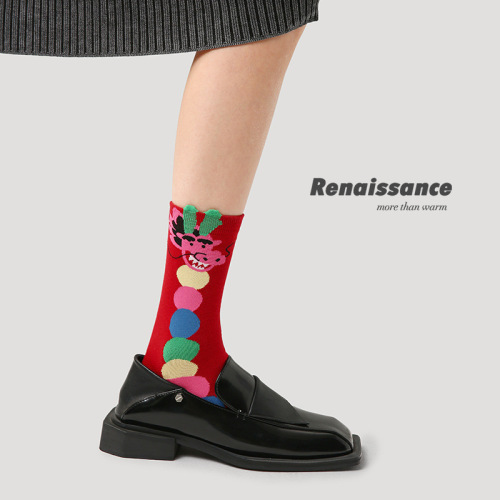 Renaissance Original Red Animal Year Red Socks Three Pairs Gift Box Year of the Dragon Cartoon Medium Tube New Socks for Women