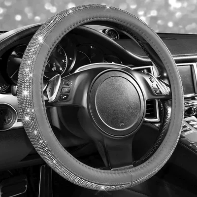 Source Factory Cross-Border Rhinestone-Embellished Leather Steering wheel cover - gray-leather-white-38cm