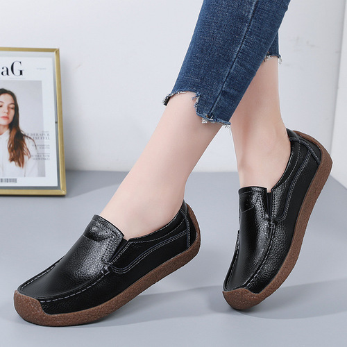 Spring and autumn single shoes for women, flat-soled flat-heeled beanie women's shoes, cowhide woven hollow snail shoes, large size women's shoes, casual mother's shoes