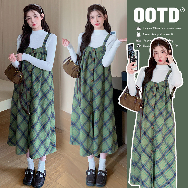 Maternity Wear Autumn and Winter Diagonal Plaid Tweed New Style Loose Versatile Plus Size Suspender Doll Dress Two-Piece Set Loose Fit Maternity Wear Autumn and Winter Diagonal Plaid Tweed New Style Loose Versatile Plus Size Suspender Doll Dress Two-Piece Set Loose Fit
