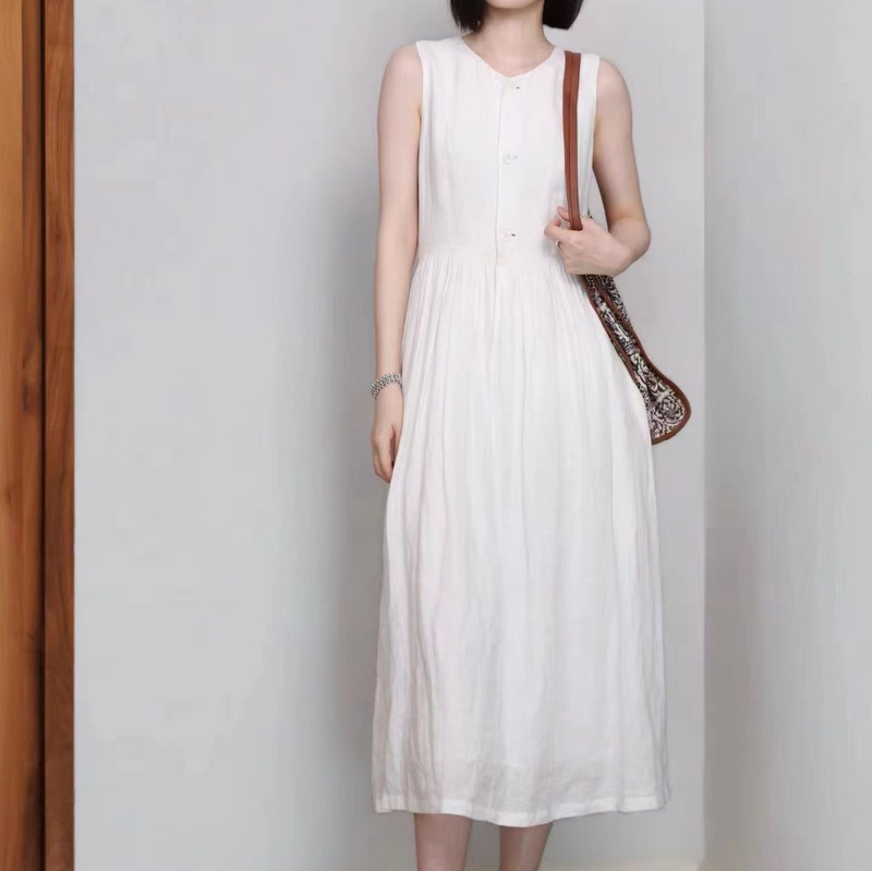 Zh26 New Summer Linen Comfortable Dress, Plain Weave Fabric, Elegant and Loose-Fitting, Round Neck, Sleeveless Dress