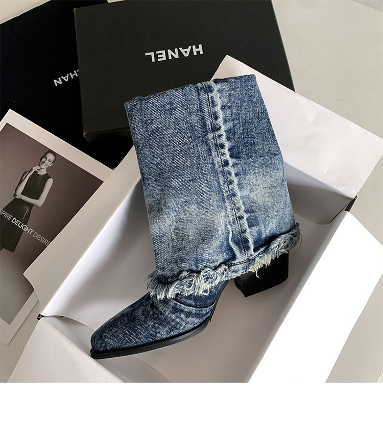 Boot nữ cổ thấp đế thô denim phong cách cao bồi Âu Mỹ — Màu xanh lam chi tiết 9