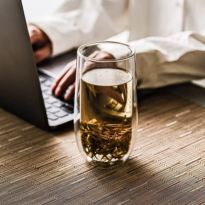 Taza de té verde casera transparente de doble capa, taza de té de alto valor facial, taza de té resistente a alta temperatura