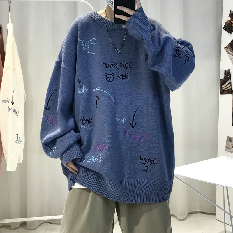 Autumn and Winter bf Hong Kong Style Distinctive Round Neck Sweater Men's Korean Style ins Fashionable Loose Couple's Knitted Base Shirt