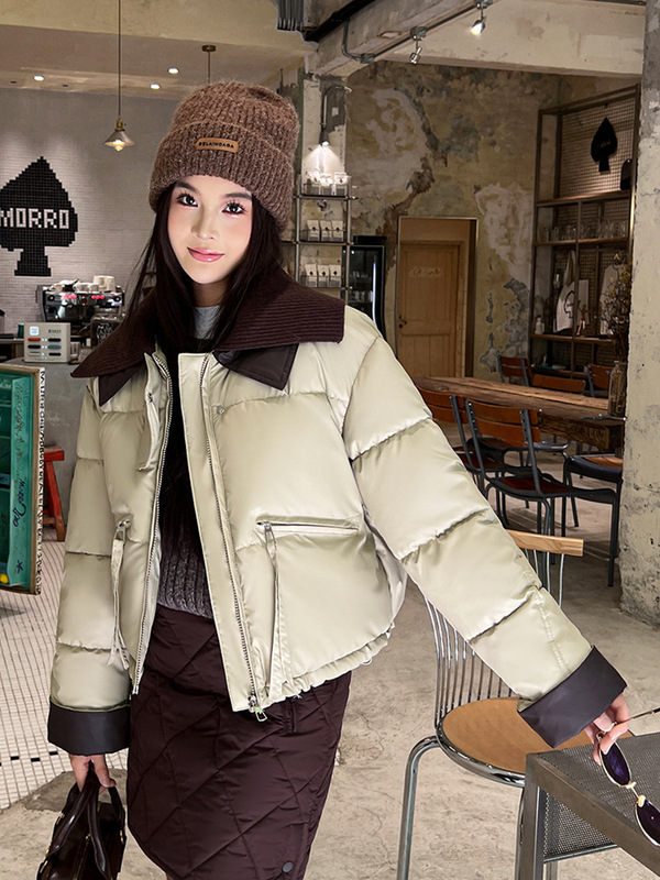 外贸小个子pu皮2025短款羽绒棉服女冬季针织新款撞色保暖棉袄外套|undefined