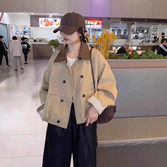 翻领撞色拼接双排扣风衣外套女2025秋装新款休闲宽松时尚夹克上衣