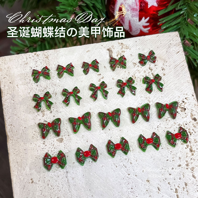 Christmas Series Bowknot Earrings Nail Art Accessories Red and Green Plaid Small Bow Tie 3D Resin Nail Decorations