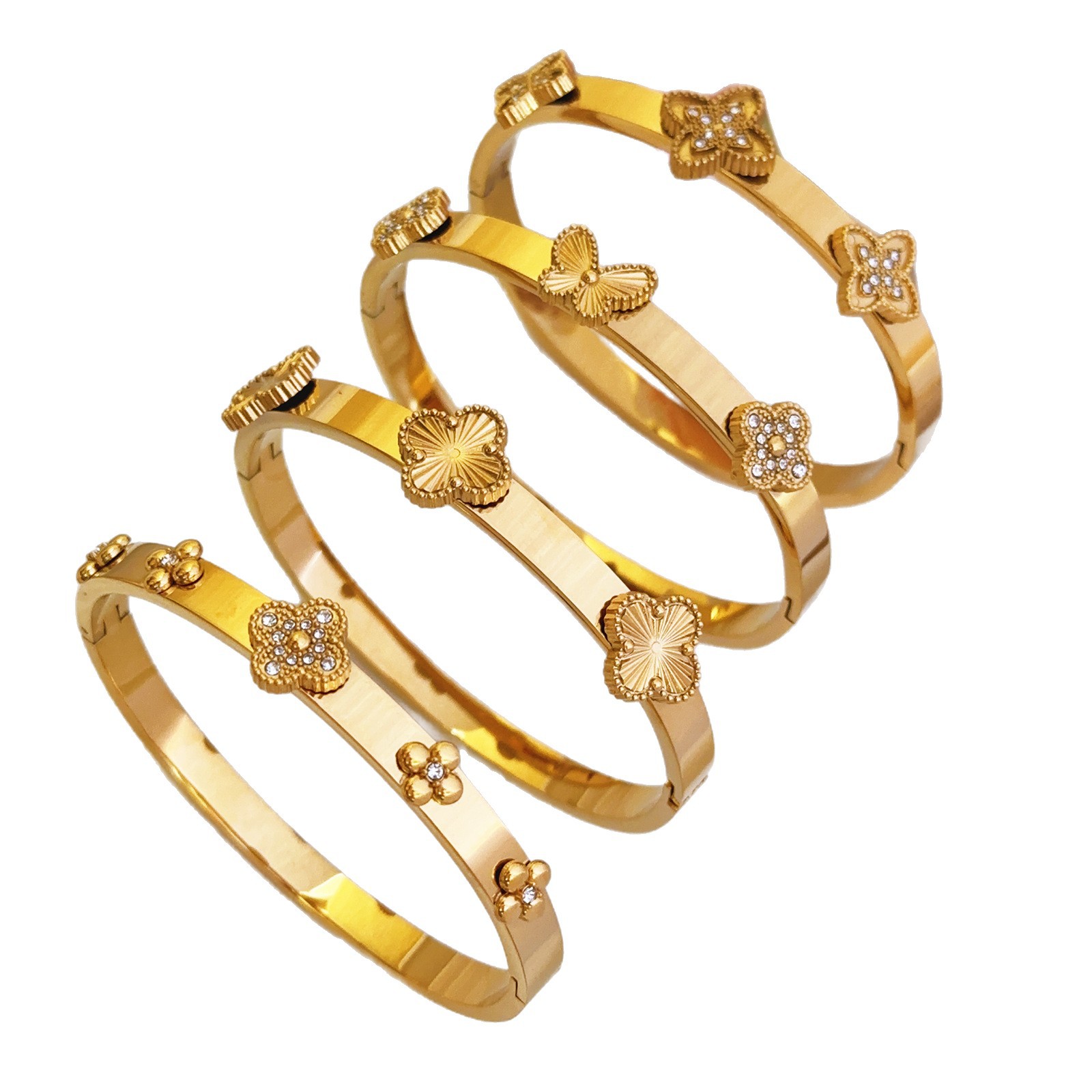 Nuevos diamantes transfronterizos de cuatro hojas de titanio pulsera de acero de diseño ligero de nicho de cuatro hojas joyerías de acero inoxidable