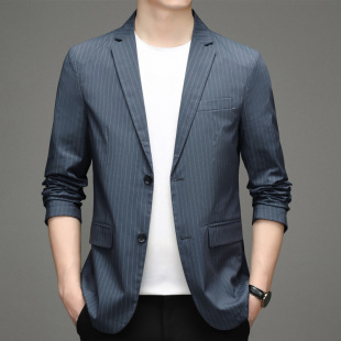 Cotton Suit Jacket Men's 2025 Spring & Fall Trendyy Single-Piece Casual Elegant Slim Stripesd Small Suit for Young and Middle-Aged People