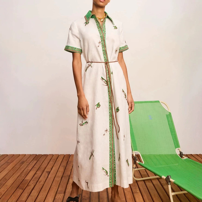 2026 European and American Cross-Border Amazon Fashion Casual Linen Printed Long Shirt Dress
