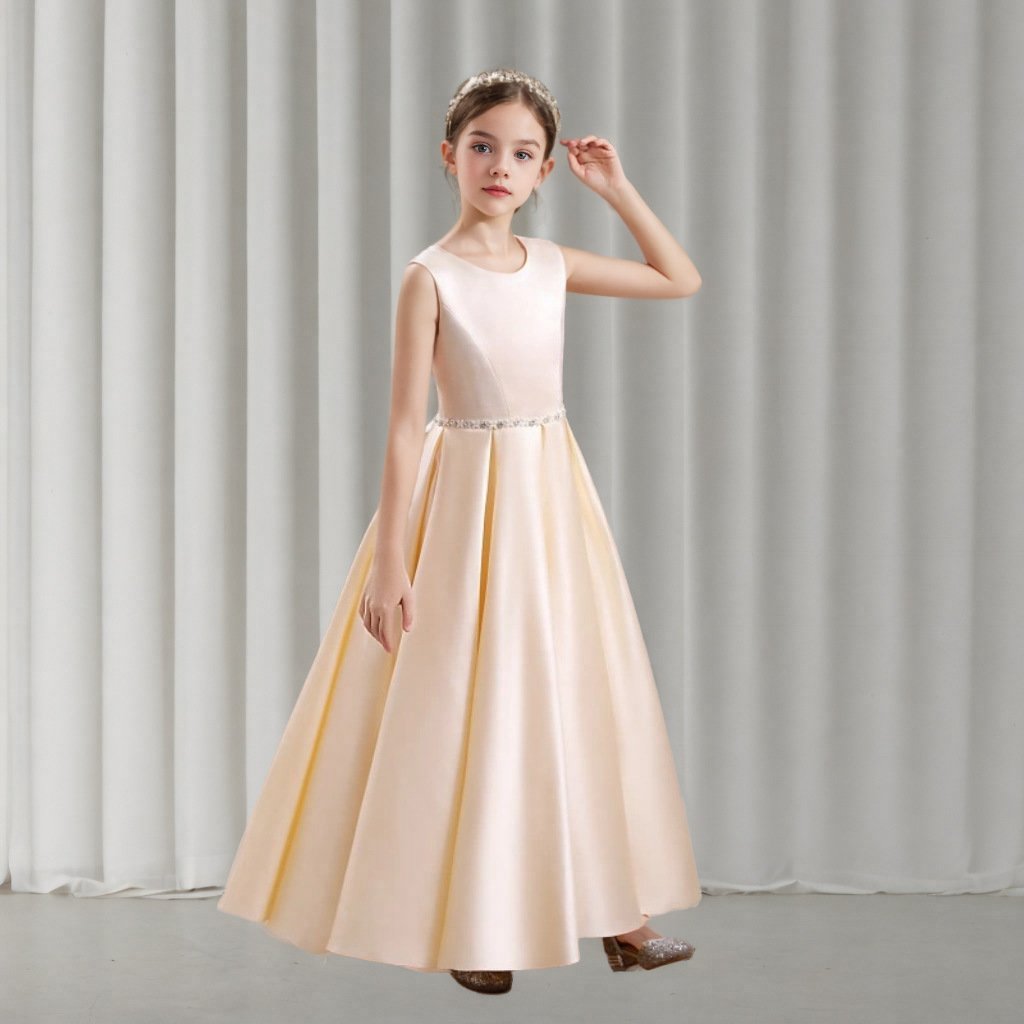 Mädchen Satin Kleid Ärmellos Mit Rundhals Für Chor Und Auftritte_voghion.com
