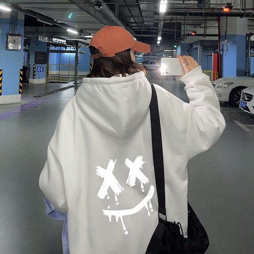 Men's Sweatshirt with Face Print for Autumn/Winter, Hooded, Fleece Lined, Trendy, Ins Style, Loose and Casual, Couple Hoodie Sweatshirt