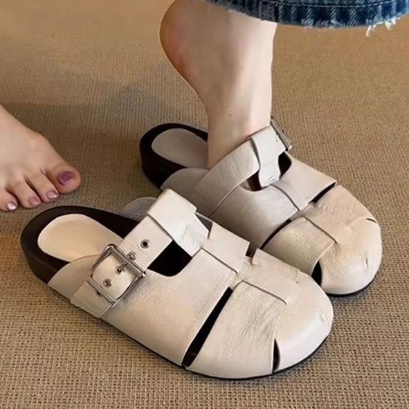 양가죽 버전 ~ 여성용 프렌치 우븐 두꺼운 밑창 원버튼 샌들, 여름 아우터, 레트로 천연가죽, 다용도 발가락 반슬리퍼
