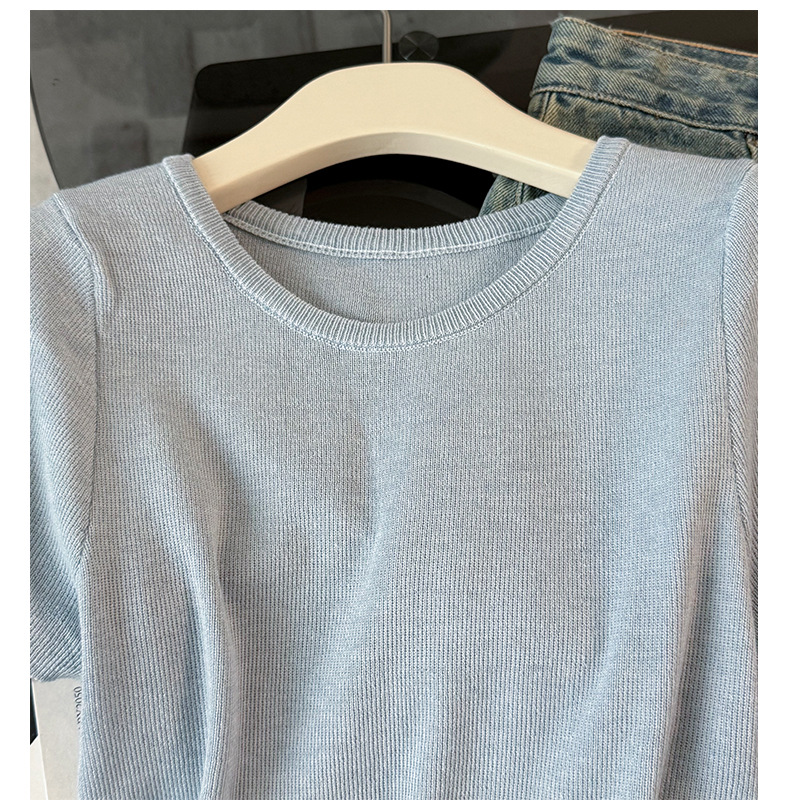 Women's Clothing Women's Summer New Casual Sports Fashion Suit Round Neck Back Tie Hollow Short Sleeve Denim Pants Two Piece Suit_mkmklike.com