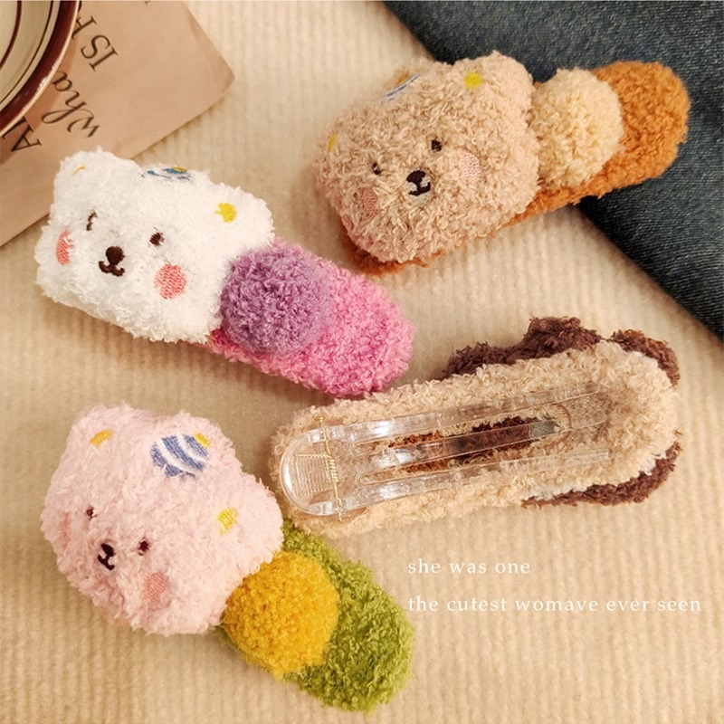 Pinzas para el pelo con forma de moño de felpa para otoño e invierno para mujer, pinzas versátiles tipo pico de pato para cabello grueso, lindas horquillas con forma de oso, accesorios para el cabello.
