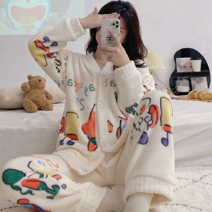 220 jin transfronterizos al por mayor tamaño M - 6XL pijamas de franela de invierno Cardigan con camisa de lana gruesa set de ropa para el hogar