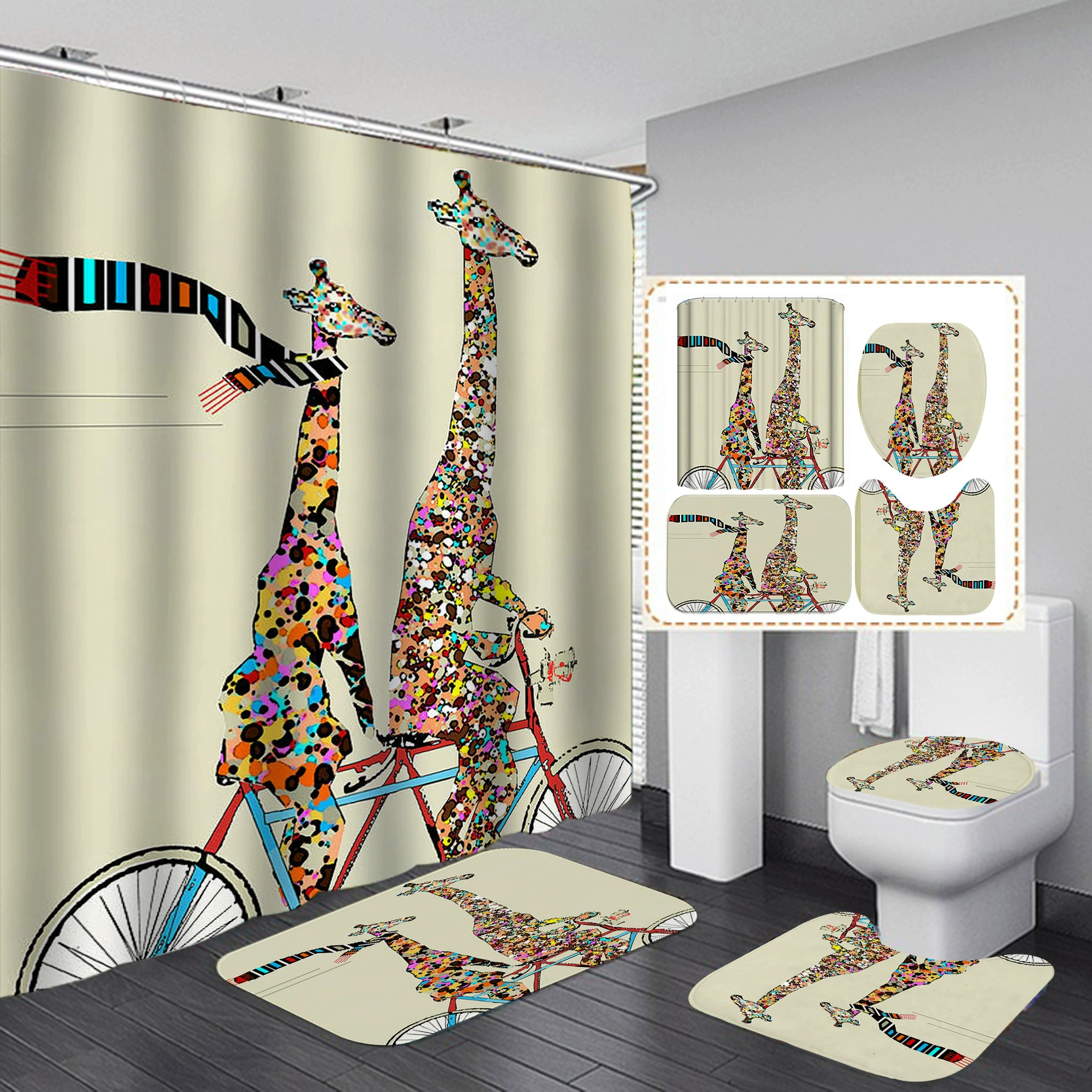 Manufacturer wholesale high-definition shower curtain four-piece set Giraffe waterproof punch-free bathroom partition curtain hotel rain curtain