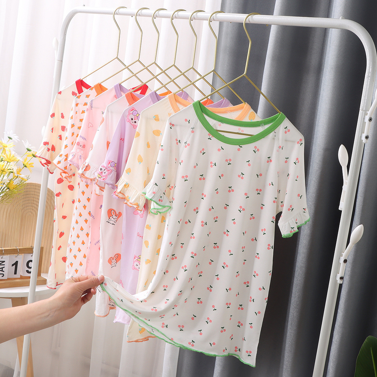 Children's Summer Sleep Gown Parent-Child Sleep Gown Ucros Home Robe Lace Short Sleeve Children's Indoor Air Conditioning Suit