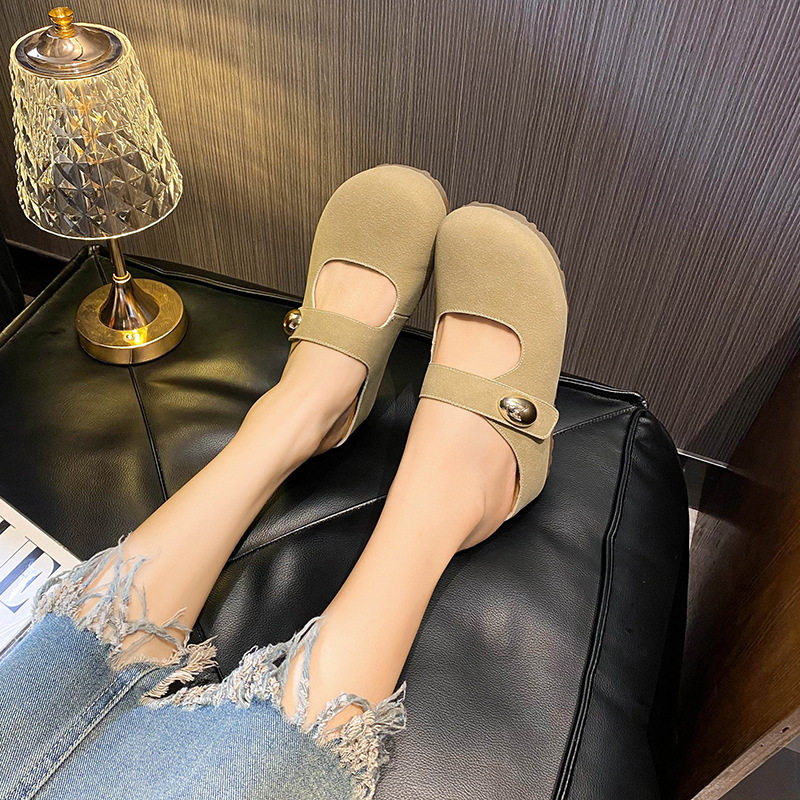 Dép nửa gót Mary Jane nữ mũi tròn mềm mại, đế dày tăng chiều cao 5 cm — Kaki (nửa kéo), Màu vàng (nửa dép)