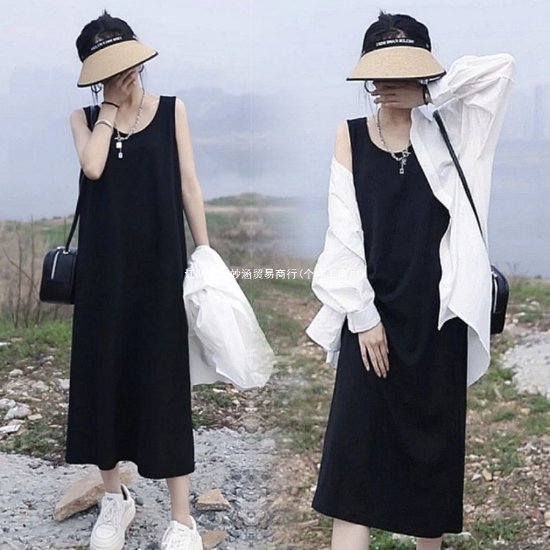 Loose Mid-Length Vest Dress Set for Women, Summer New Vacation Style, Sun-Protective Shirt Paired with a Sheer Strap Long Dress Loose Mid-Length Vest Dress Set for Women, Summer New Vacation Style, Sun-Protective Shirt Paired with a Sheer Strap Long Dress
