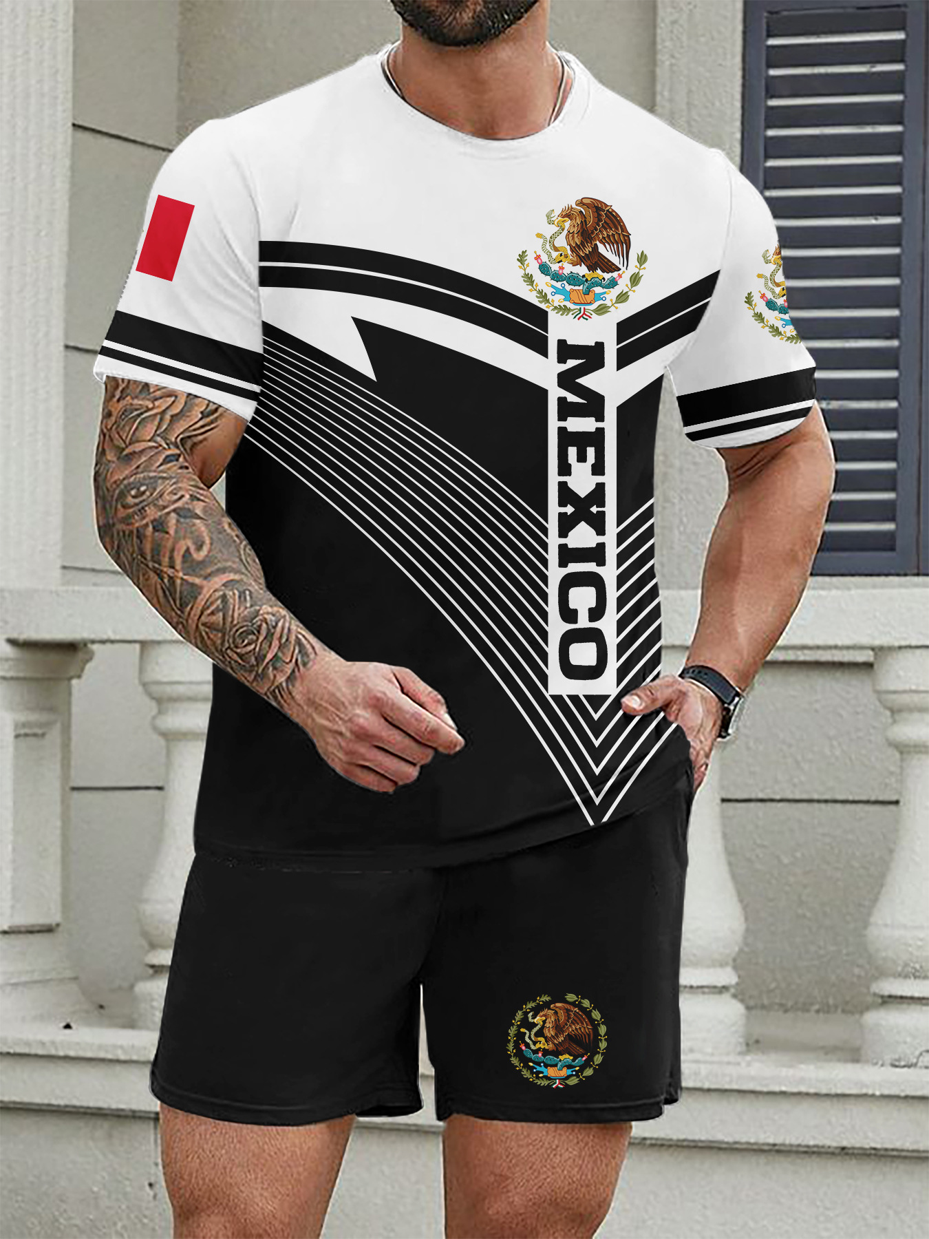 Completo estivo da uomo a due pezzi: camicia a maniche corte dalla vestibilità ampia e t-shirt taglie forti con pantaloncini Mingshi_voghion.com