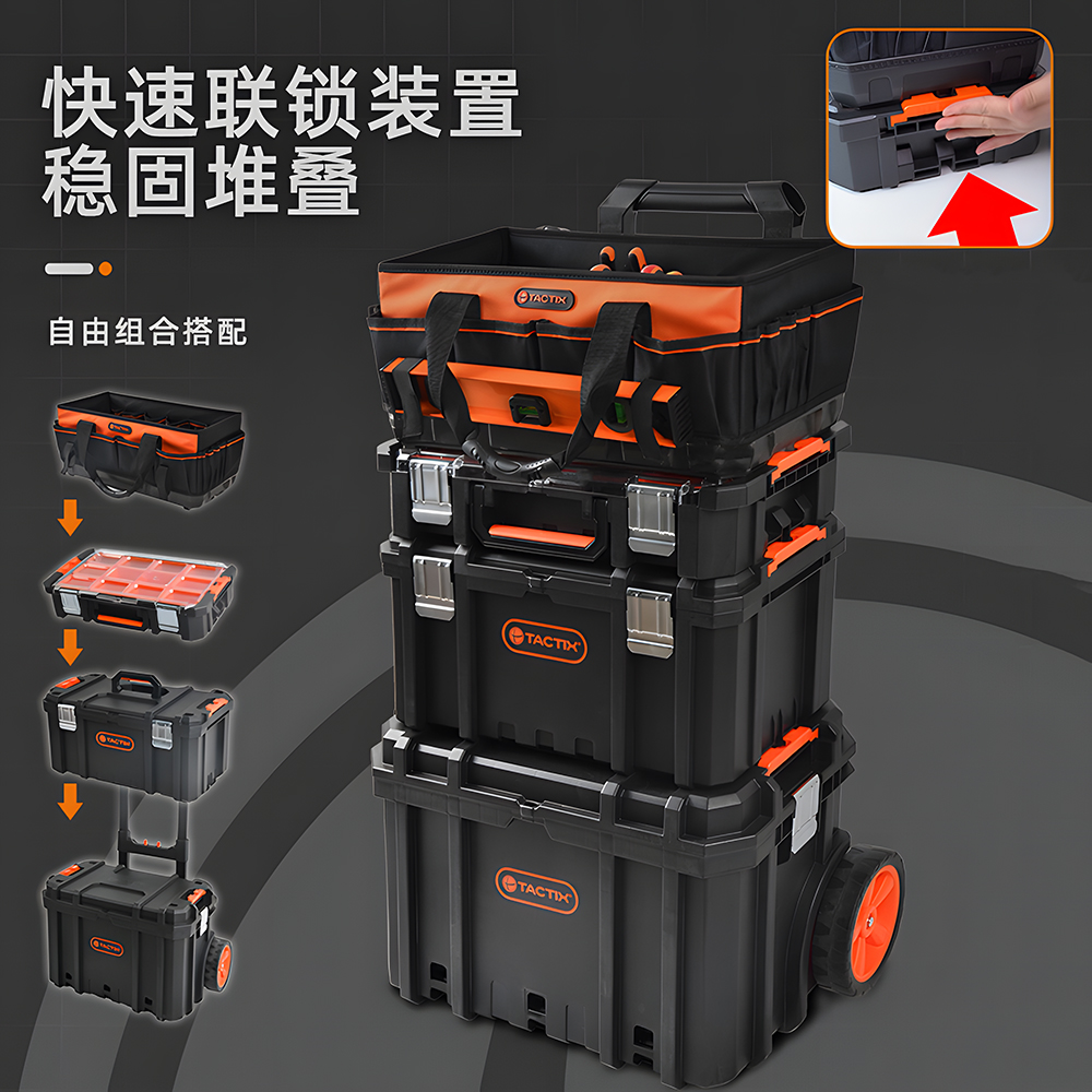 Caja de herramientas de varilla de tracción combinada apilada de tres capas con carro de caja de herramientas de montaje móvil de rueda grande