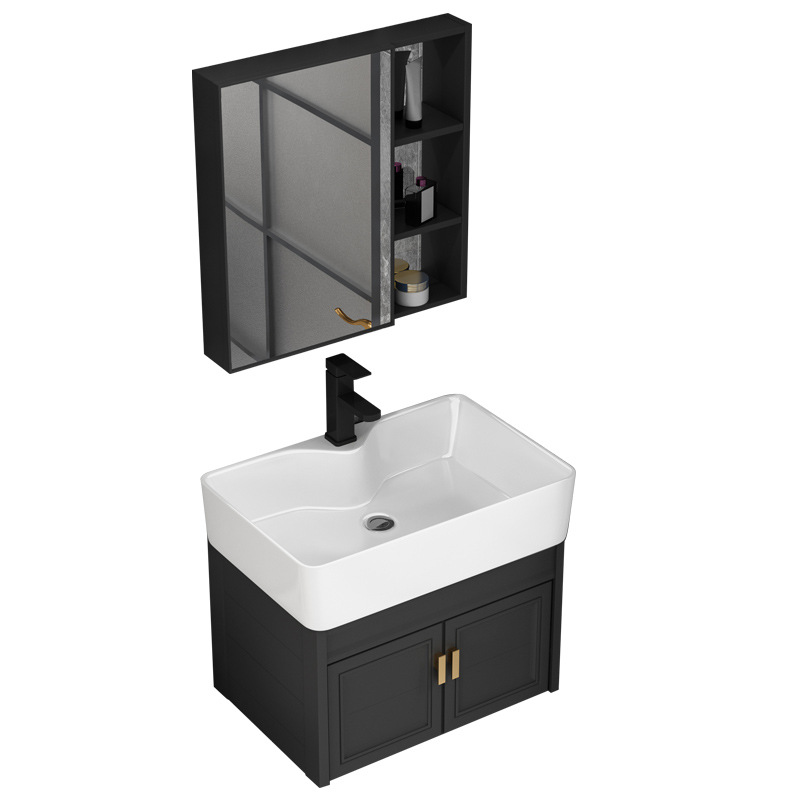 Pequeño apartamento baño gabinete negro lavabo combinación espejo gabinete lavabo baño inodoro mini