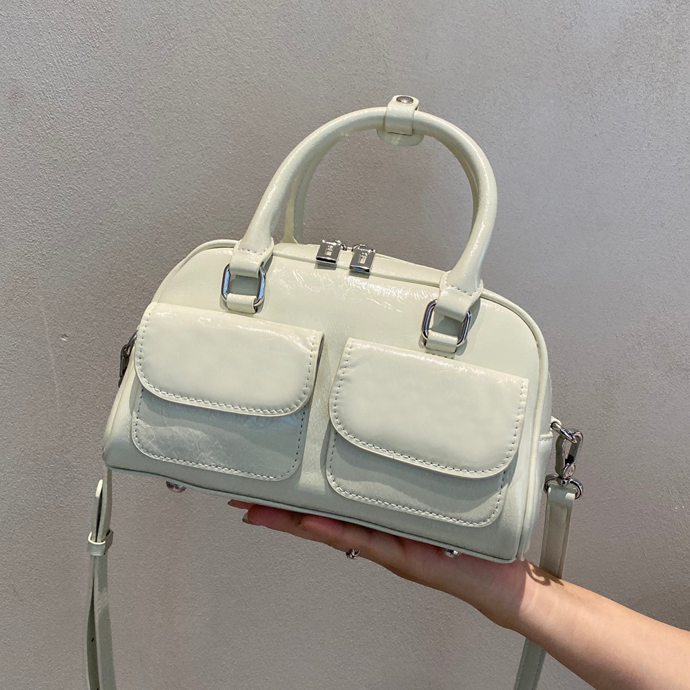 Genuine Leather Retro Handbag For Women, Cracked Cowhide Fashion Simple Bowling Boston Bag, Commuter Shoulder Bag - Thumbnail 3